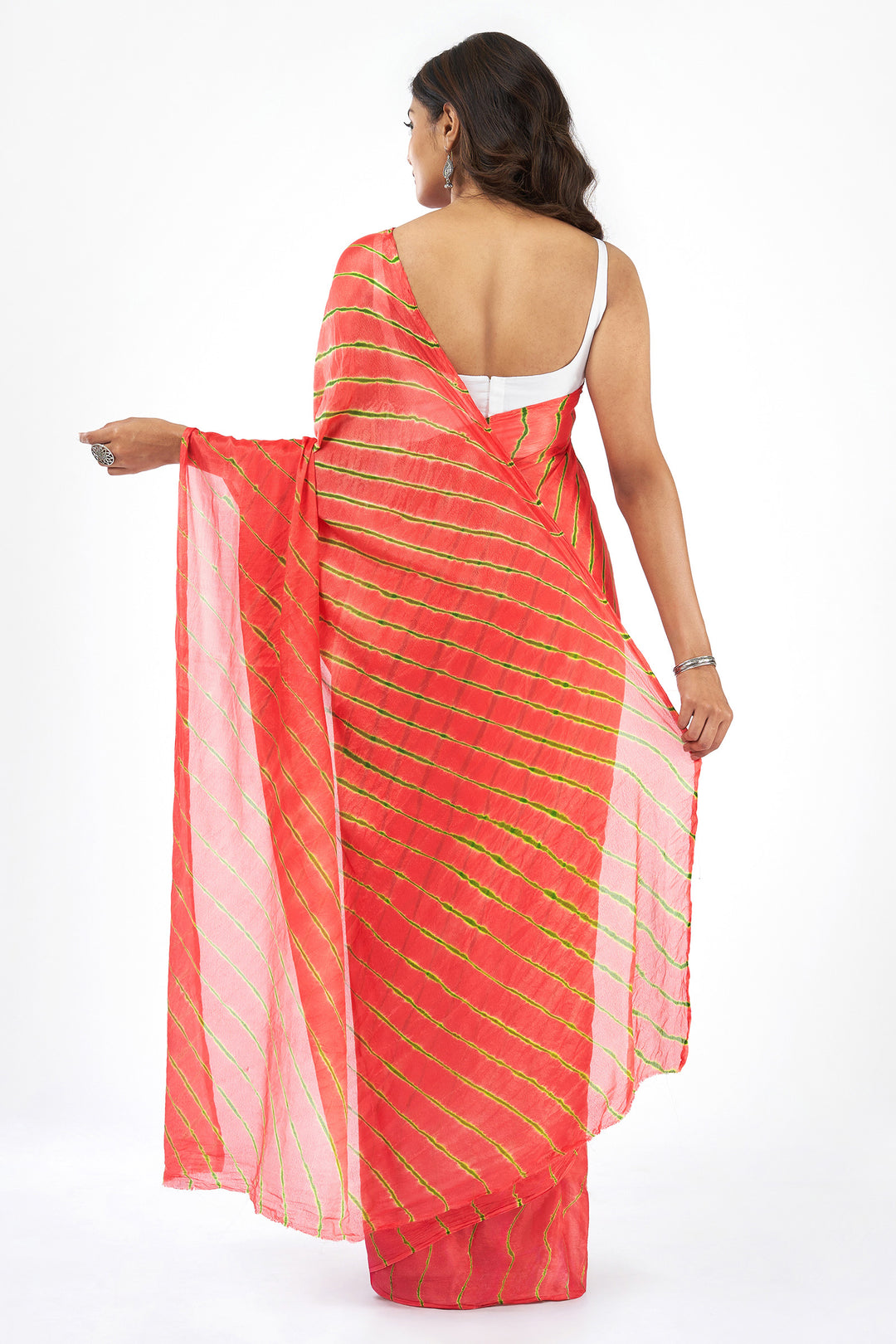 Teejh Zinksya Chinon onion Pink and Green Leheriya Saree