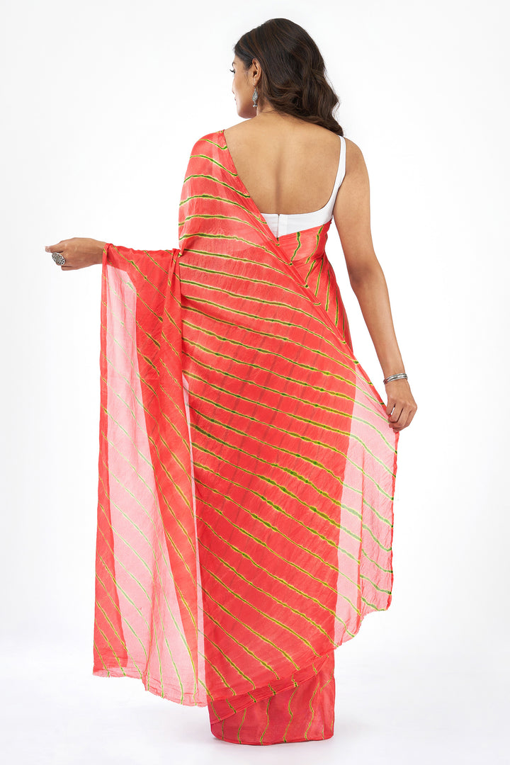 Teejh Zinksya Chinon onion Pink and Green Leheriya Saree
