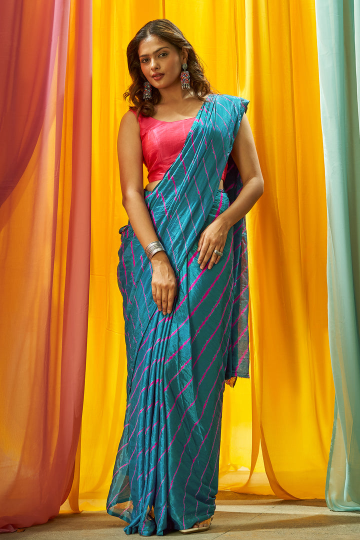Teejh Sindhu Chinon Turquoise and Pink Leheriya Saree