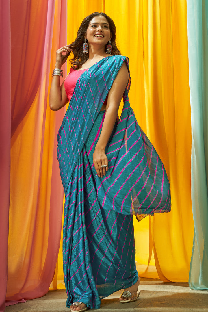 Teejh Sindhu Chinon Turquoise and Pink Leheriya Saree