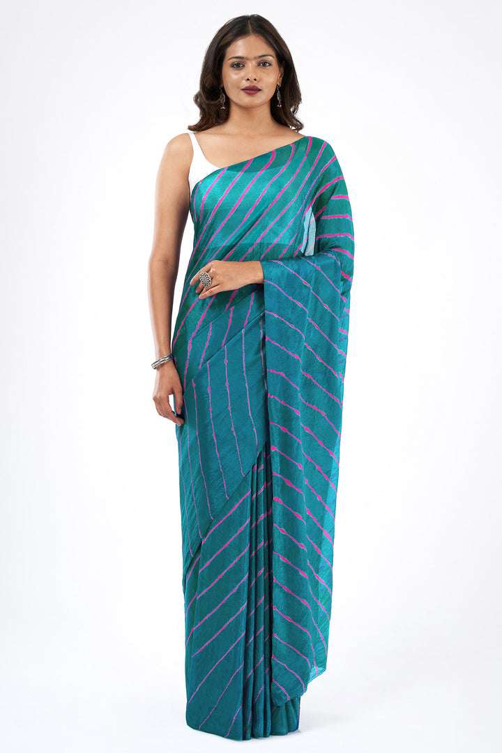 Teejh Sindhu Chinon Turquoise and Pink Leheriya Saree