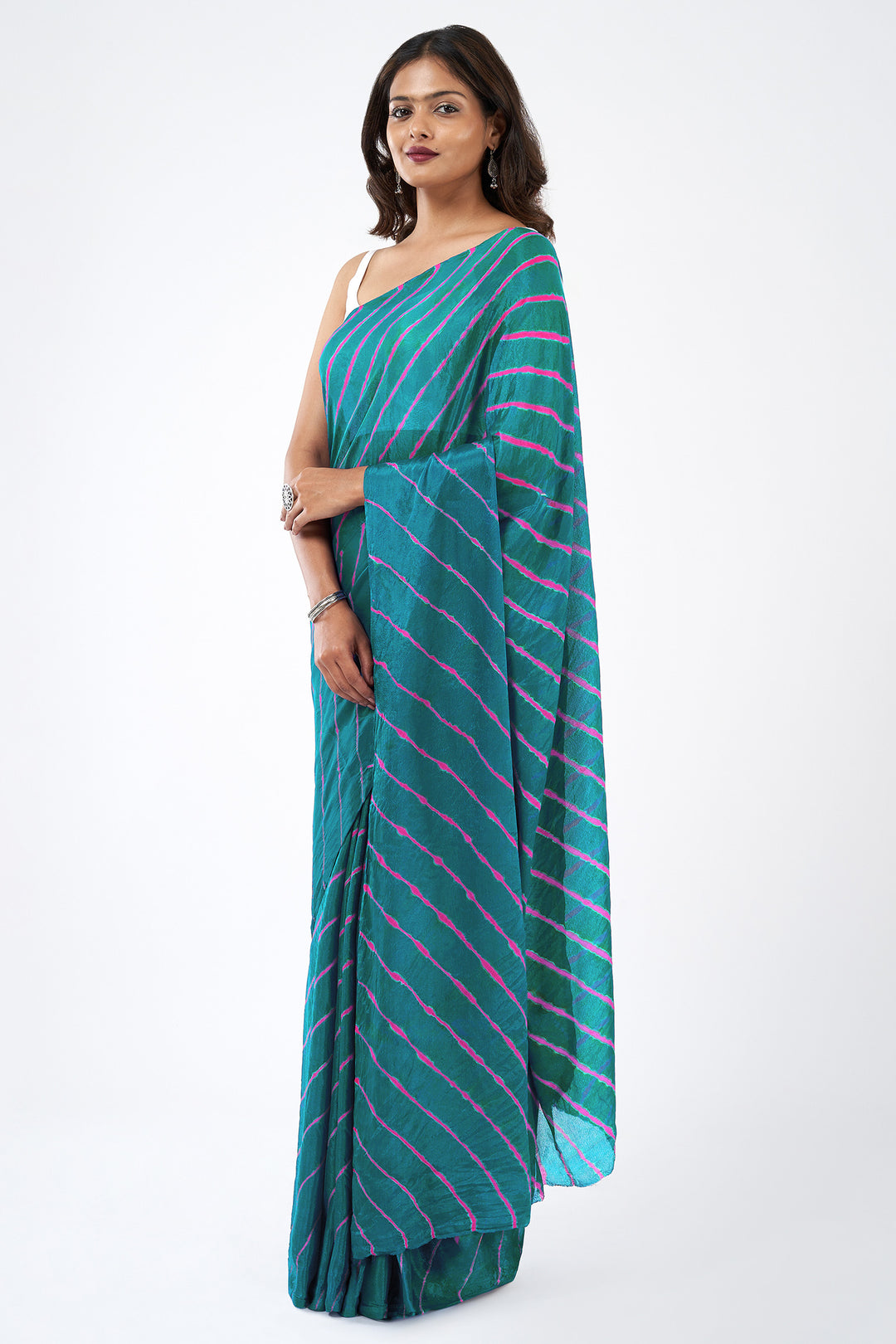 Teejh Sindhu Chinon Turquoise and Pink Leheriya Saree