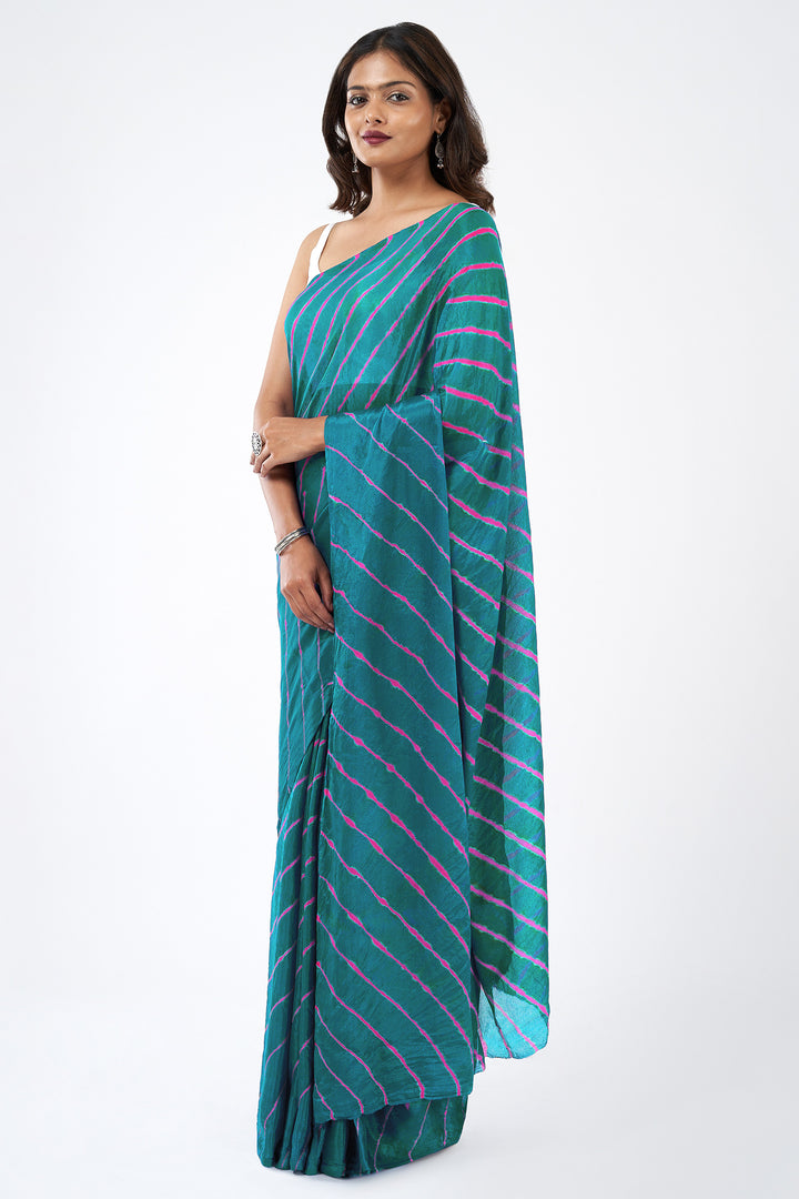 Teejh Sindhu Chinon Turquoise and Pink Leheriya Saree