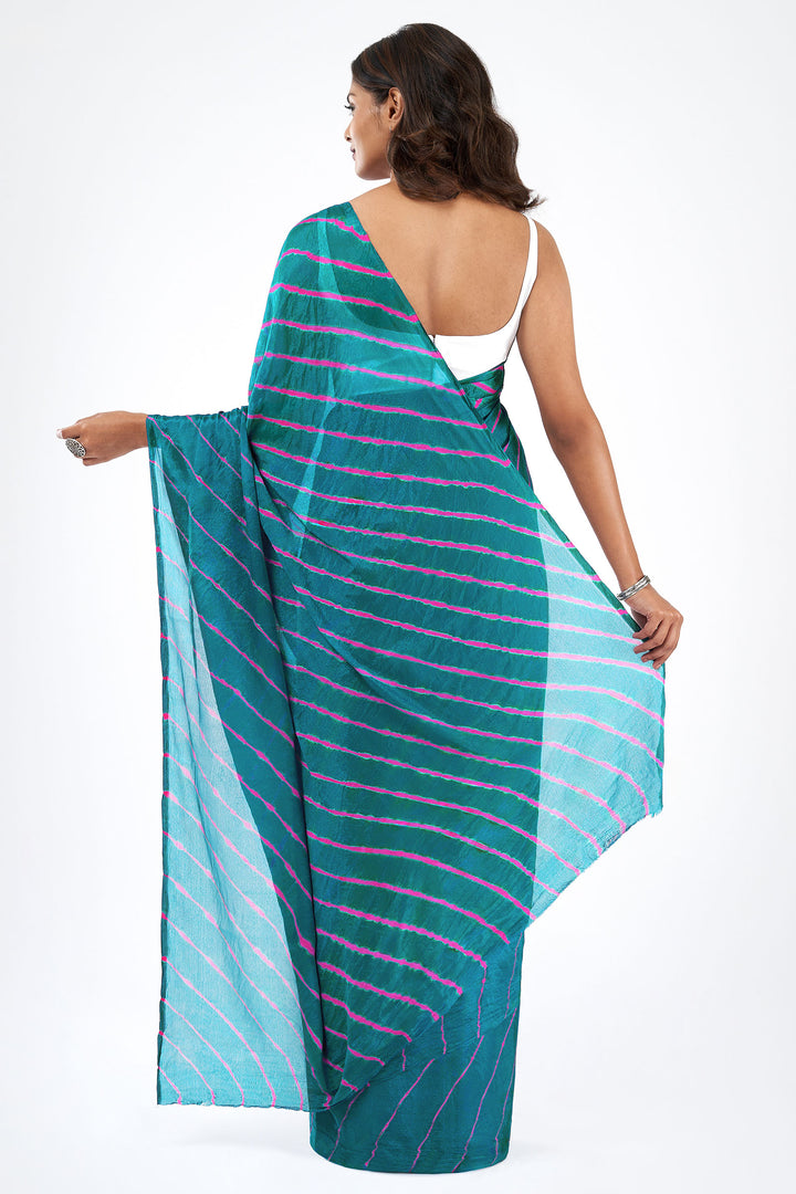 Teejh Sindhu Chinon Turquoise and Pink Leheriya Saree