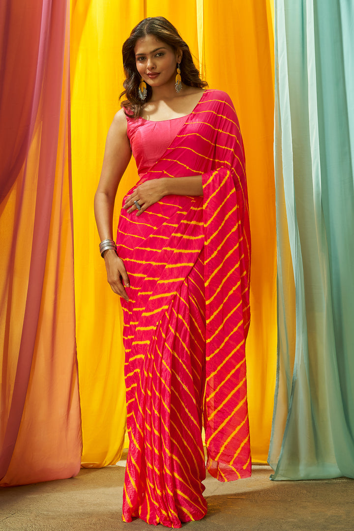 Teejh Sagarika  Chinon Pink and Yellow Leheriya Saree