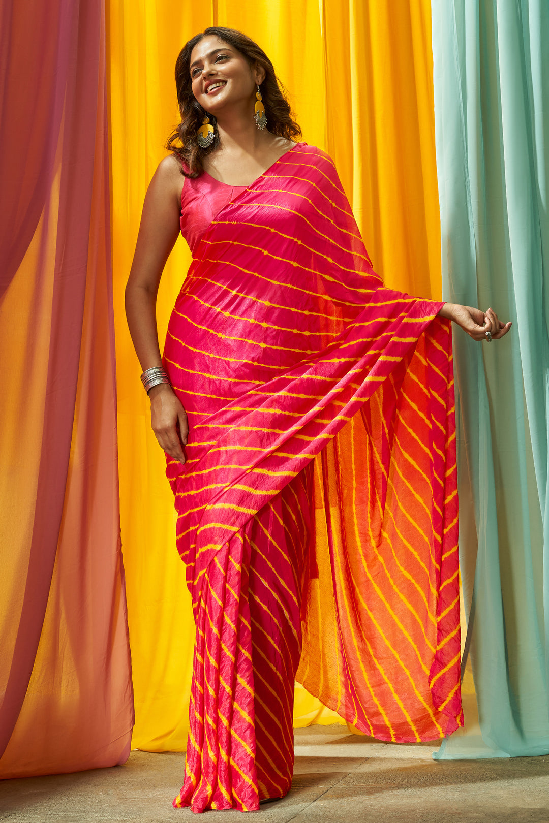 Teejh Sagarika  Chinon Pink and Yellow Leheriya Saree