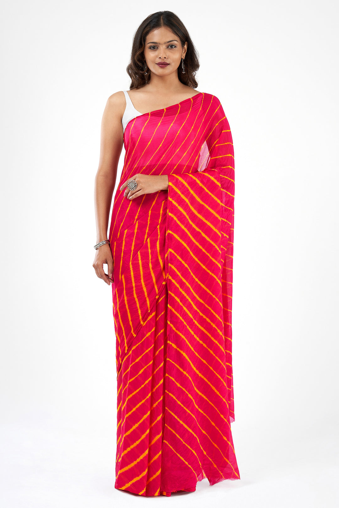 Teejh Sagarika  Chinon Pink and Yellow Leheriya Saree