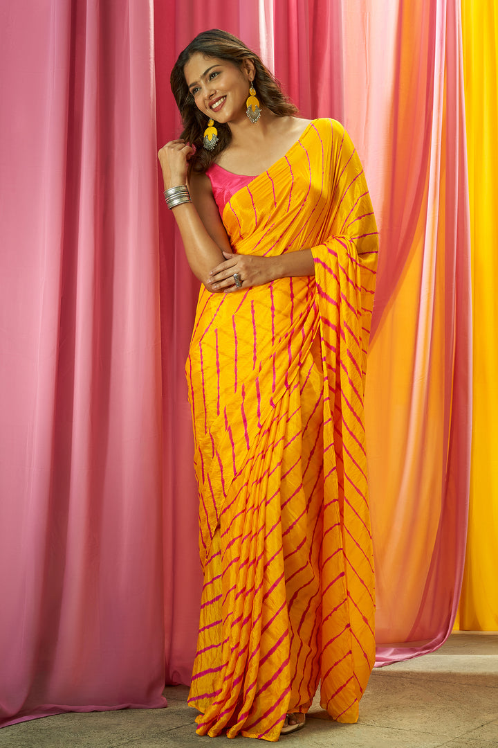 Teejh Guldasta Chinon Yellow and Pink Leheriya Saree