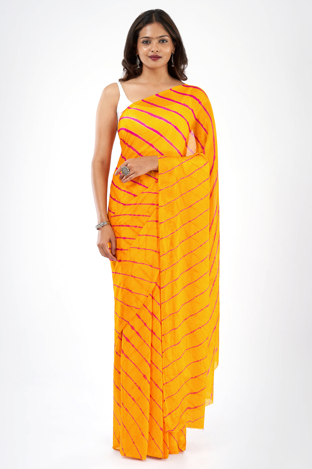 Teejh Guldasta Chinon Yellow and Pink Leheriya Saree