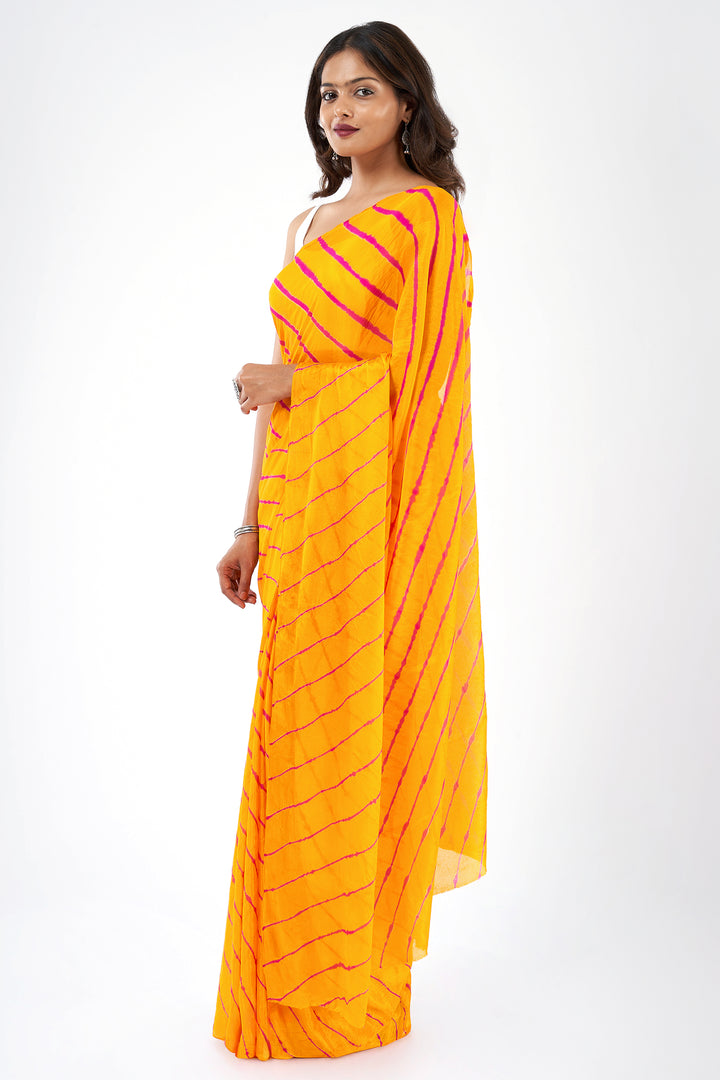 Teejh Guldasta Chinon Yellow and Pink Leheriya Saree