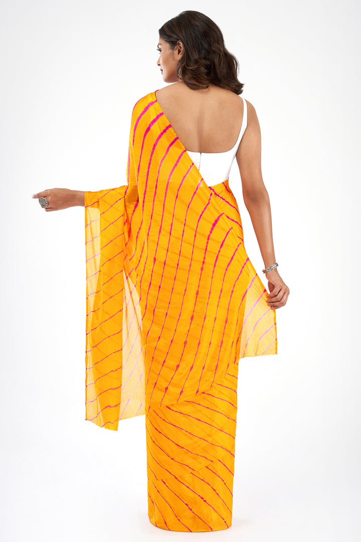 Teejh Guldasta Chinon Yellow and Pink Leheriya Saree