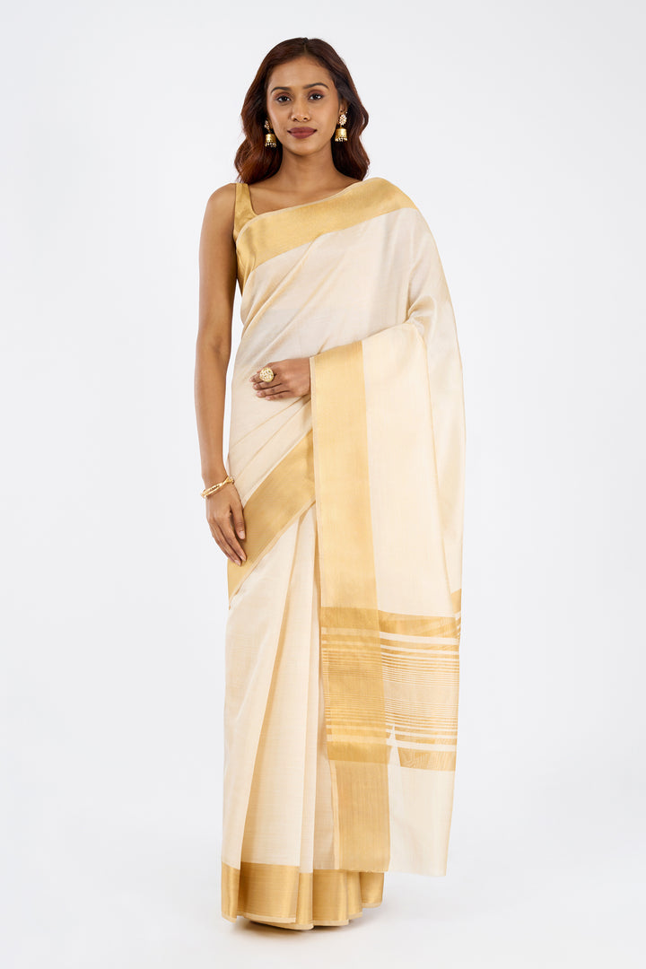 Teejh Devaangi Tussar Silk Off white and Golden Kasavu Saree