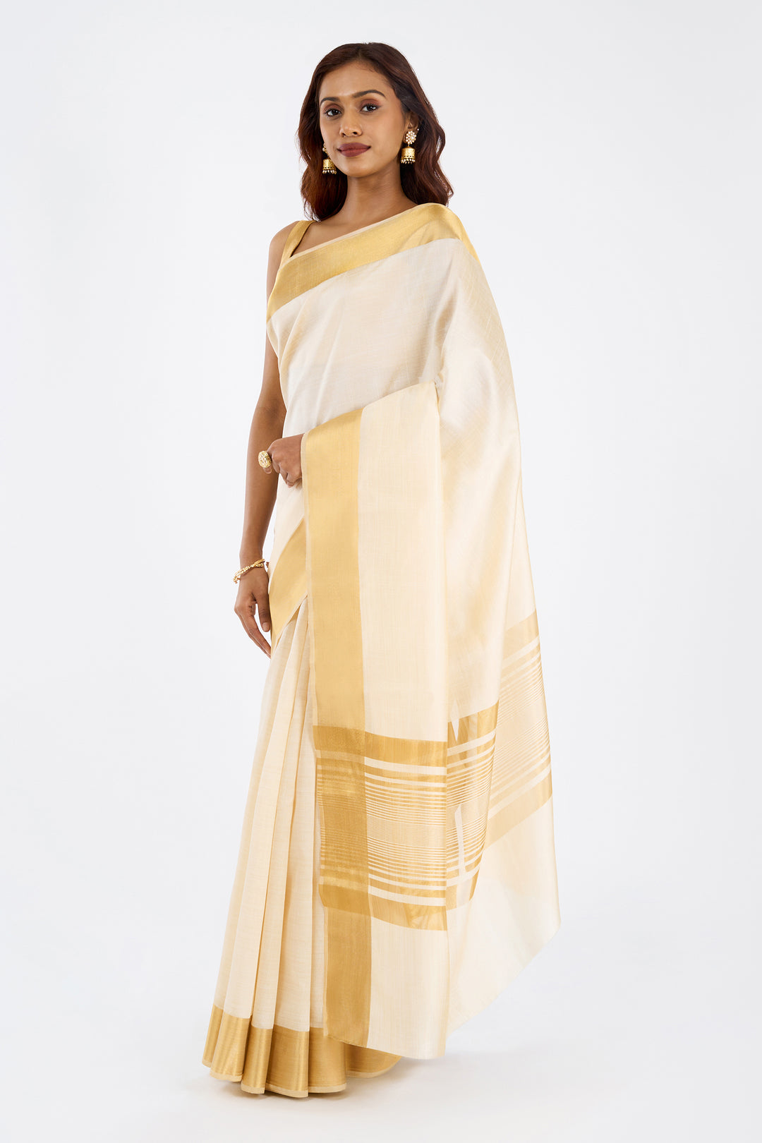 Teejh Devaangi Tussar Silk Off white and Golden Kasavu Saree