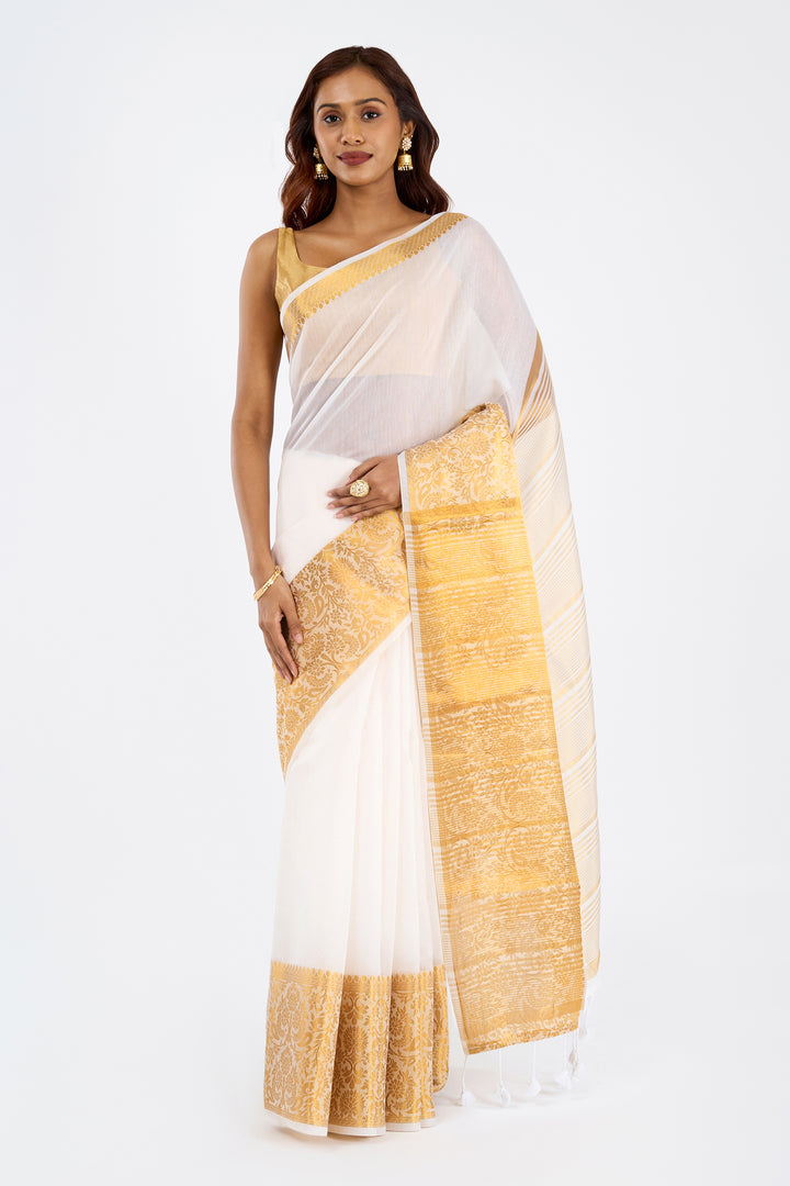 Teejh Theeram Cotton Silk Off white and Golden Kasavu Saree