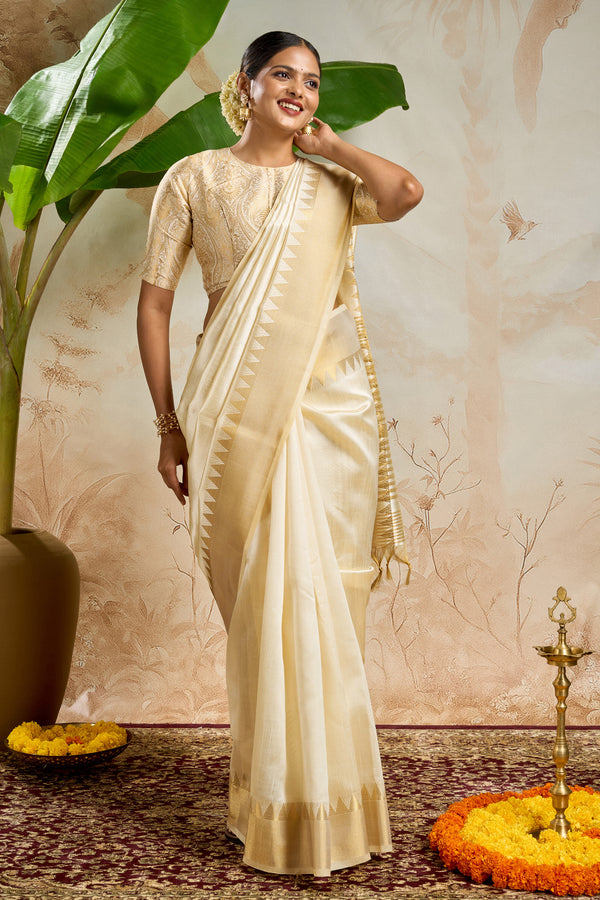 Teejh Nilavu Cotton Silk Off white and Golden Kasavu Saree