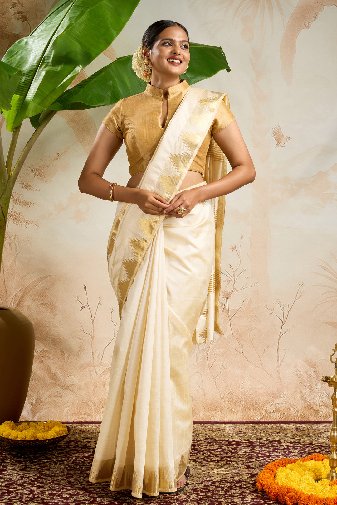 Teejh Kavyam Semi Tussar Silk Off white and Golden Kasavu Saree