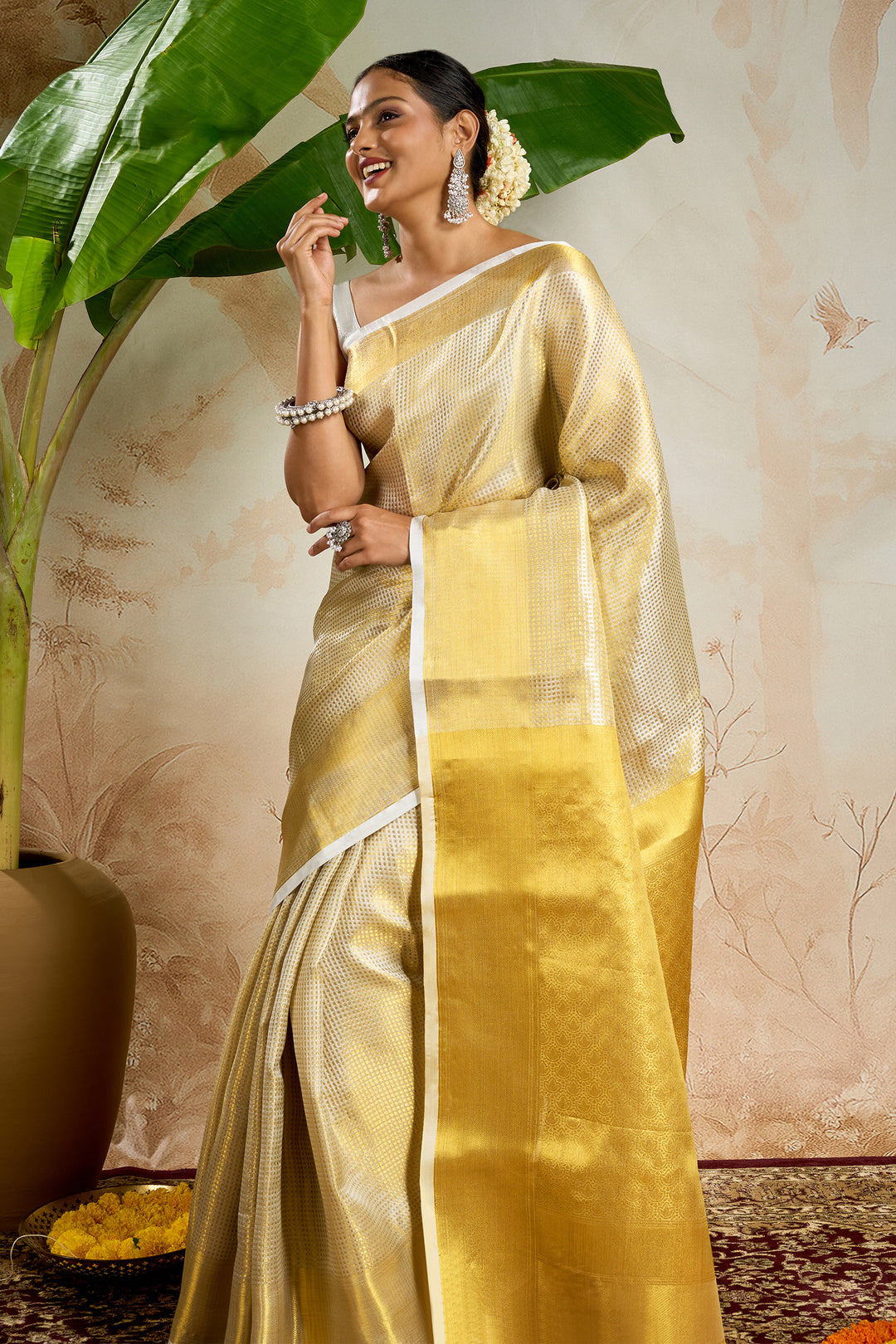 Teejh Mallipoo Semi Silk Golden Kasavu Saree