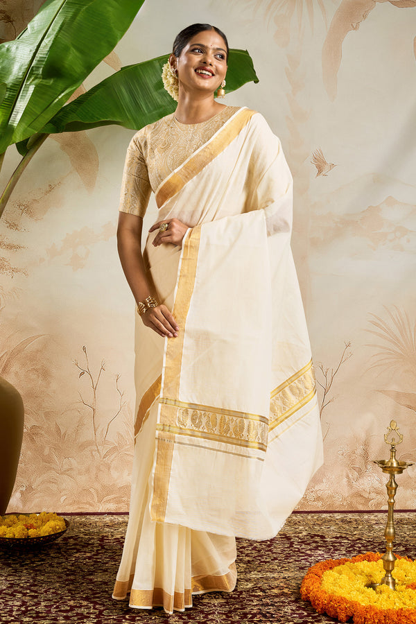 Teejh Kairavi Cotton Off white and Golden Kasavu Saree