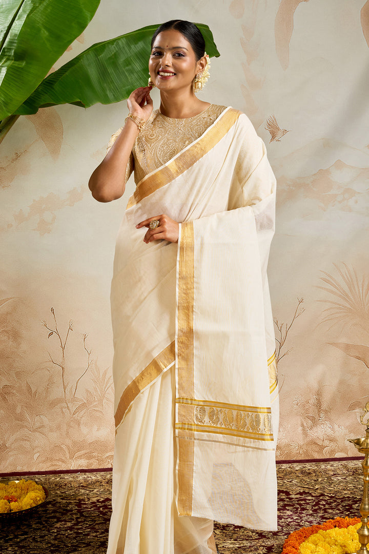 Teejh Kairavi Cotton Off white and Golden Kasavu Saree