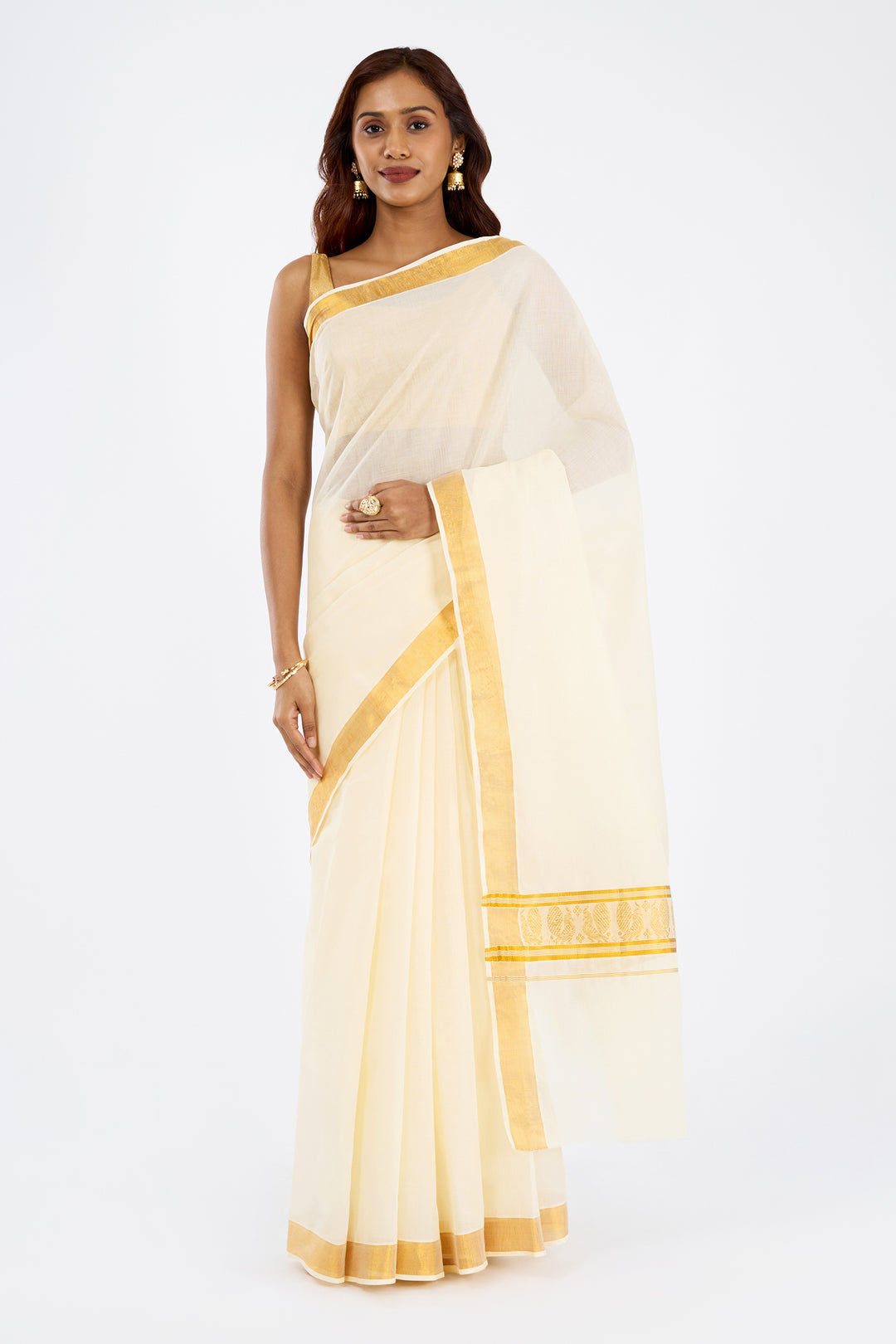 Teejh Kairavi Cotton Off white and Golden Kasavu Saree
