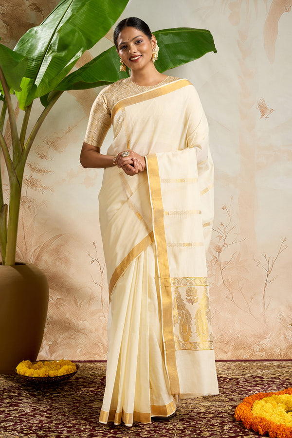 Teejh Revathi Cotton Off white and Golden Kasavu Saree