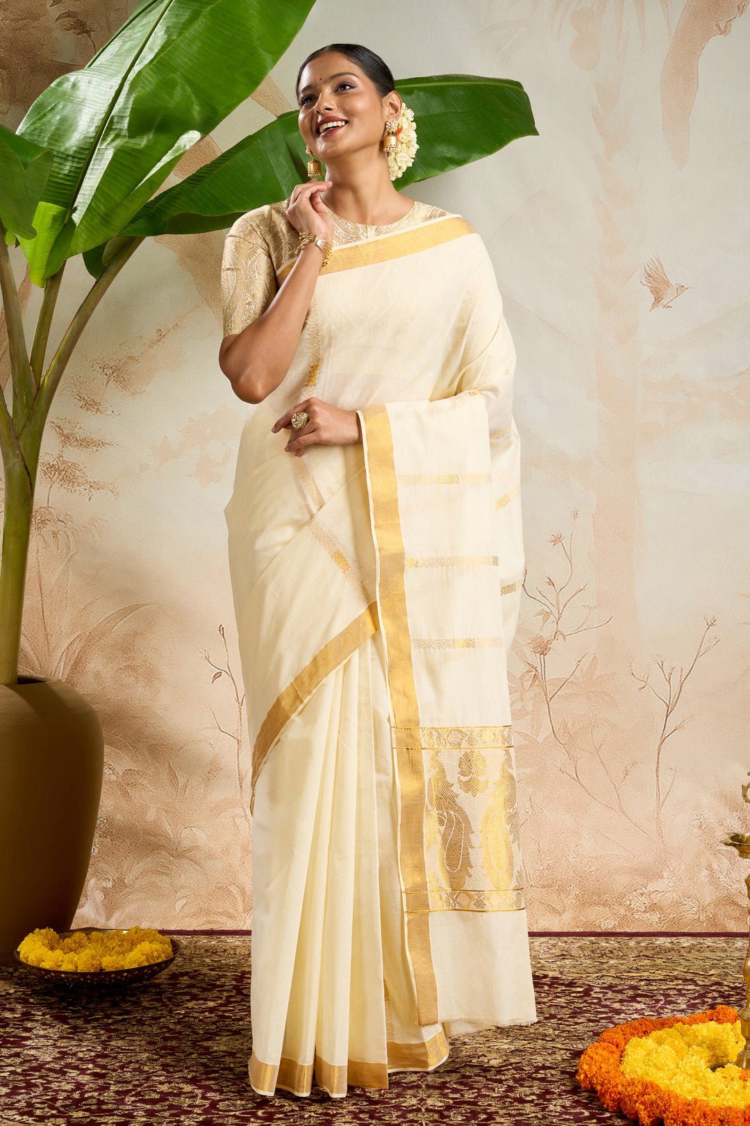 Teejh Revathi Cotton Off white and Golden Kasavu Saree