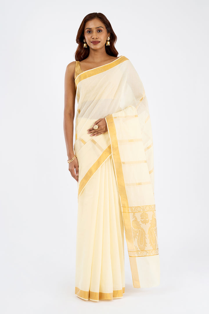 Teejh Revathi Cotton Off white and Golden Kasavu Saree