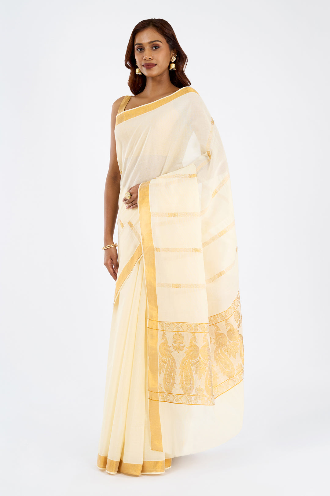 Teejh Revathi Cotton Off white and Golden Kasavu Saree