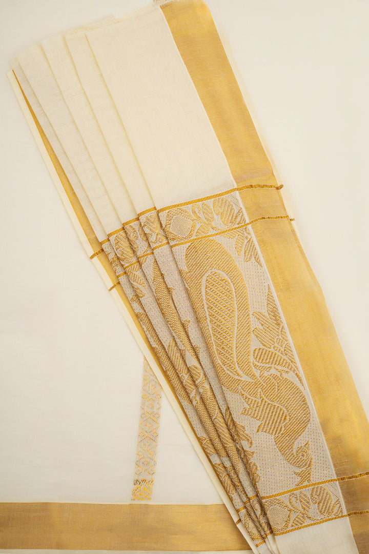 Teejh Revathi Cotton Off white and Golden Kasavu Saree