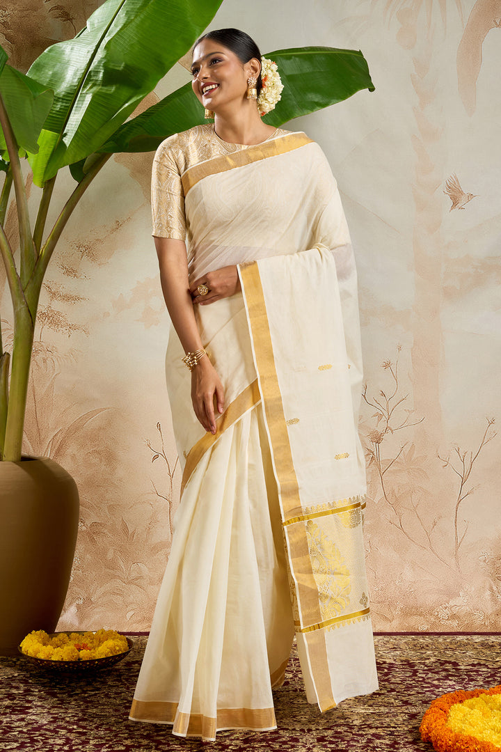 Teejh Revai Cotton Off white and Golden Kasavu Saree