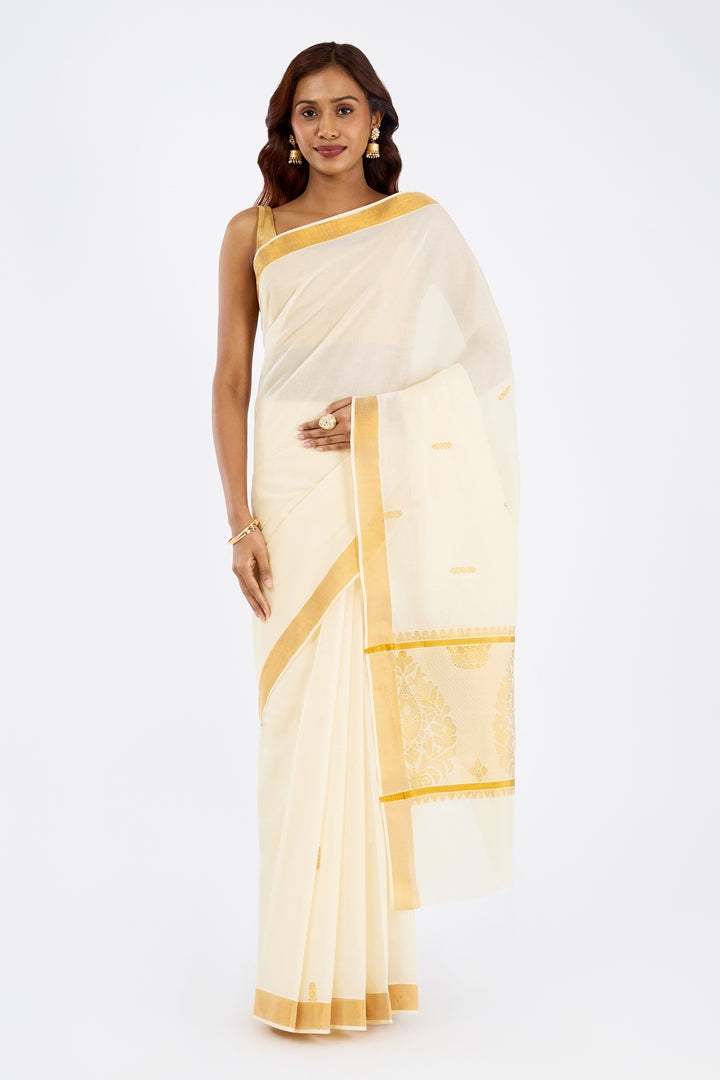Teejh Revai Cotton Off white and Golden Kasavu Saree