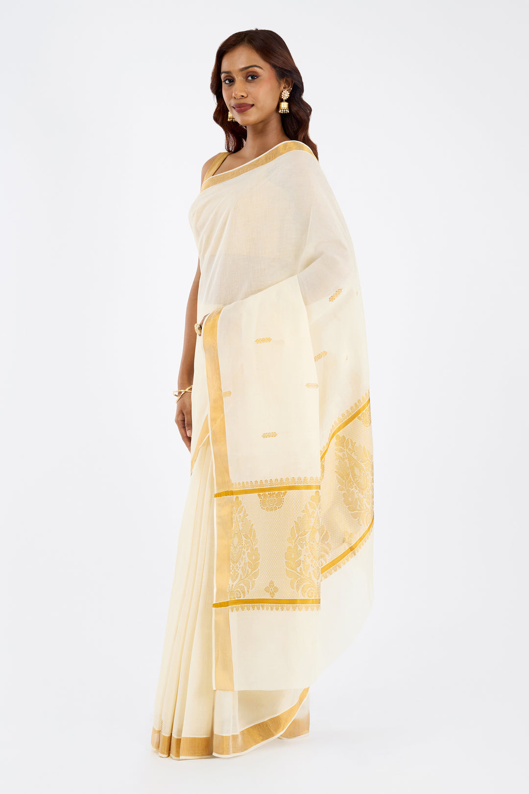 Teejh Revai Cotton Off white and Golden Kasavu Saree