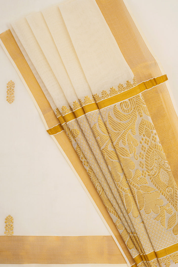 Teejh Revai Cotton Off white and Golden Kasavu Saree