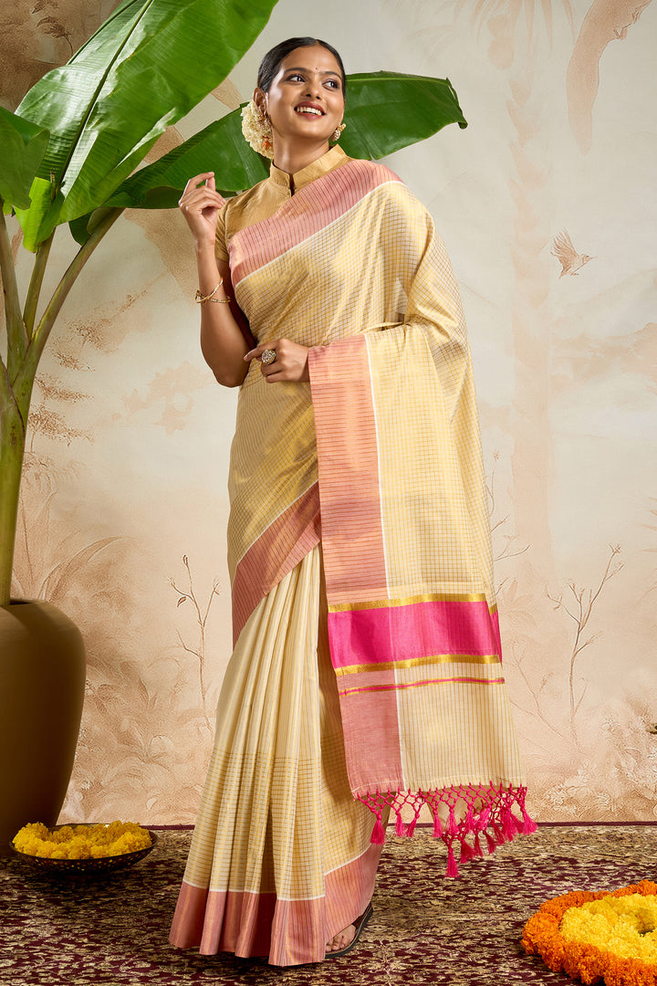 Teejh Nirjaya Tissue Off white and Pink Kasavu Saree