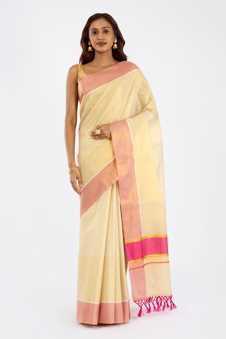 Teejh Nirjaya Tissue Off white and Pink Kasavu Saree