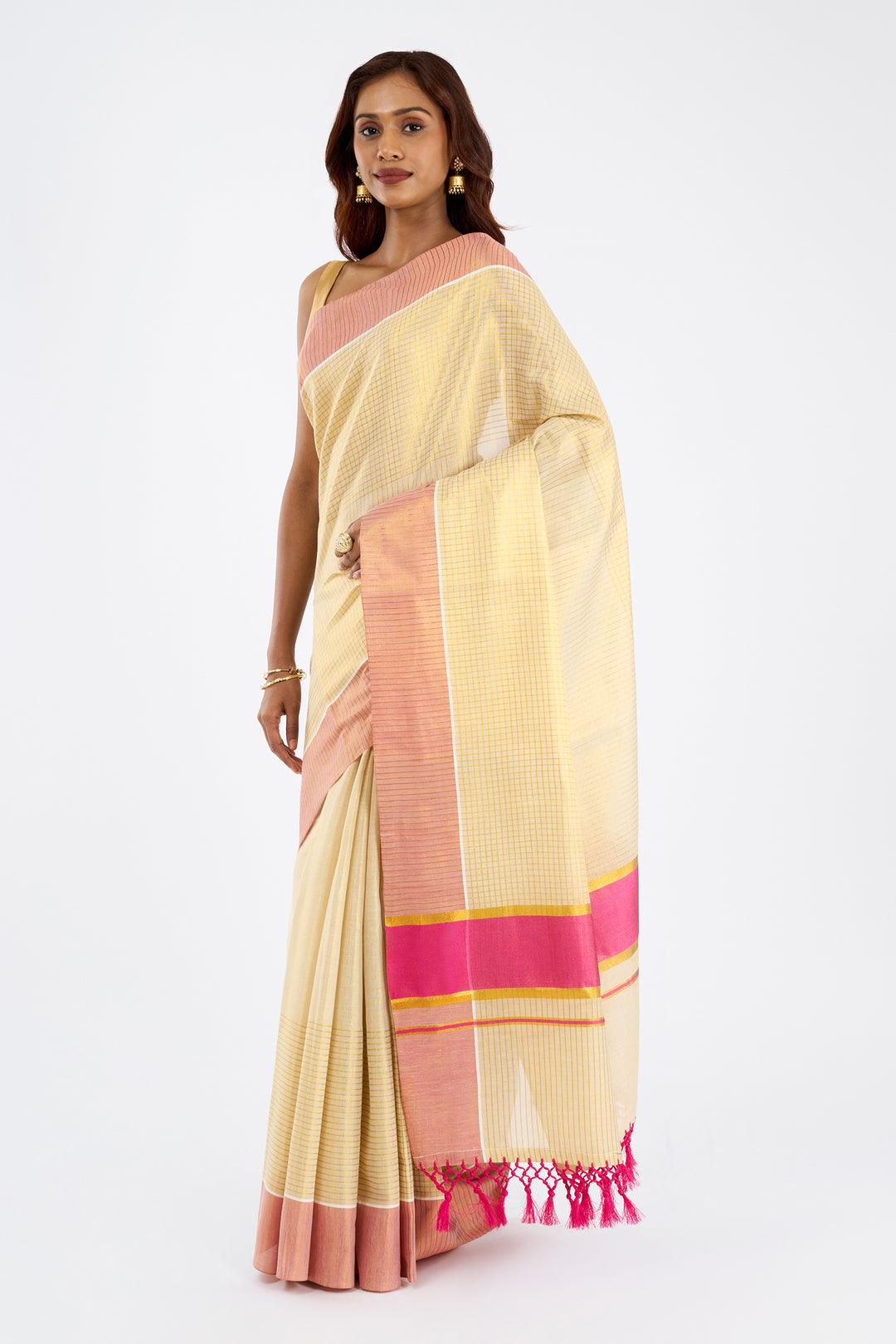Teejh Nirjaya Tissue Off white and Pink Kasavu Saree