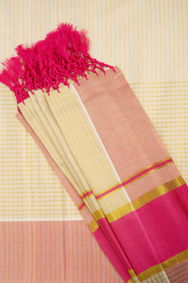 Teejh Nirjaya Tissue Off white and Pink Kasavu Saree