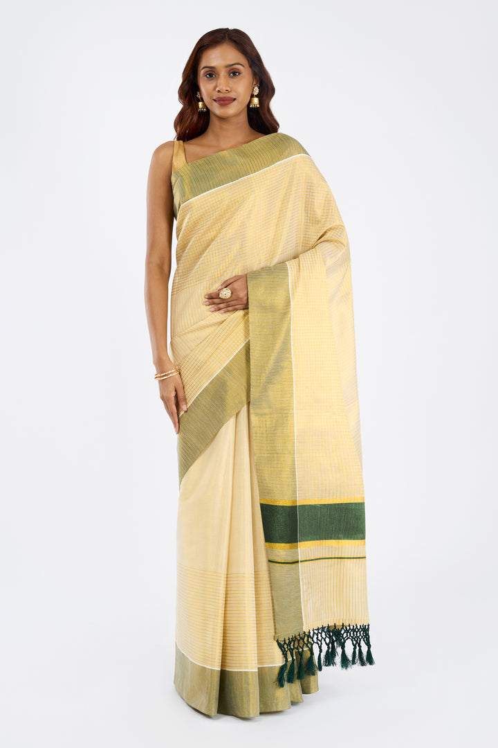 Teejh Aronya Tissue Off white and Green Kasavu Saree