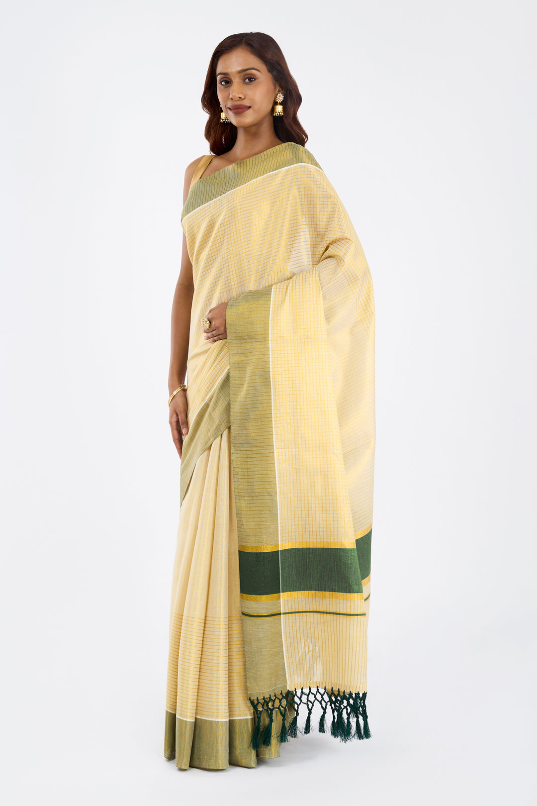 Teejh Aronya Tissue Off white and Green Kasavu Saree