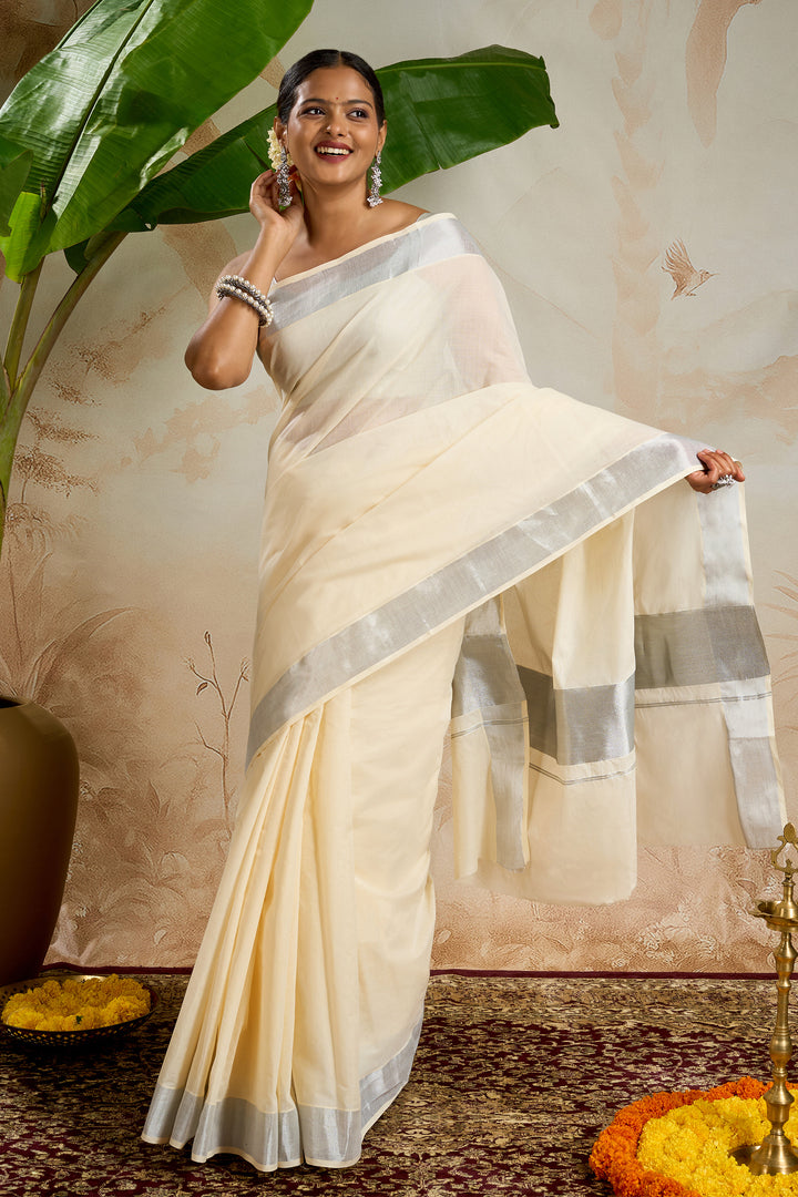 Teejh Vrishthi Cotton Off white and Silver Kasavu Saree