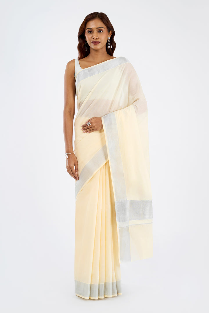 Teejh Vrishthi Cotton Off white and Silver Kasavu Saree