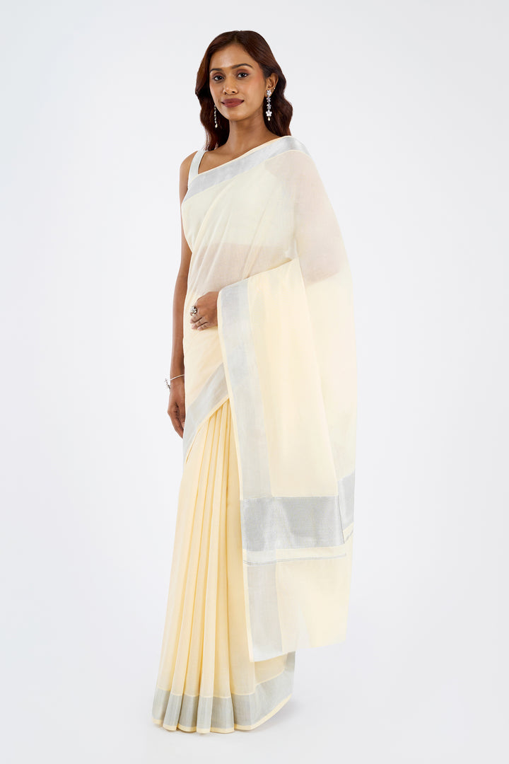 Teejh Vrishthi Cotton Off white and Silver Kasavu Saree