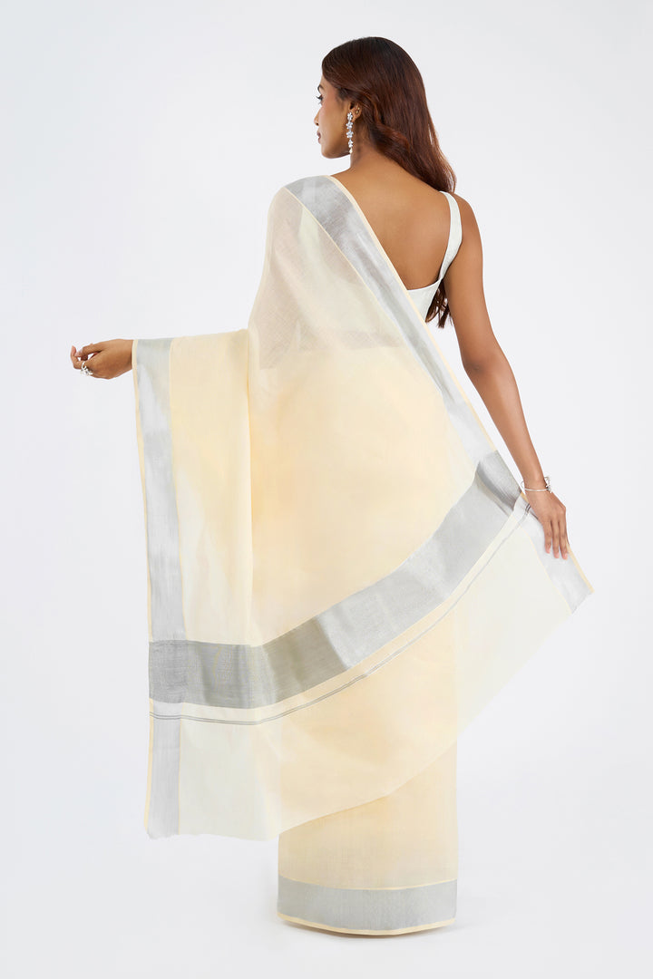 Teejh Vrishthi Cotton Off white and Silver Kasavu Saree