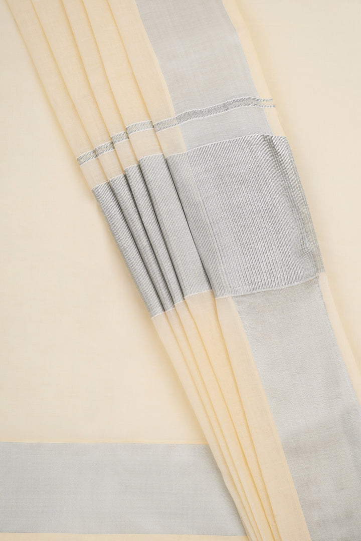 Teejh Vrishthi Cotton Off white and Silver Kasavu Saree