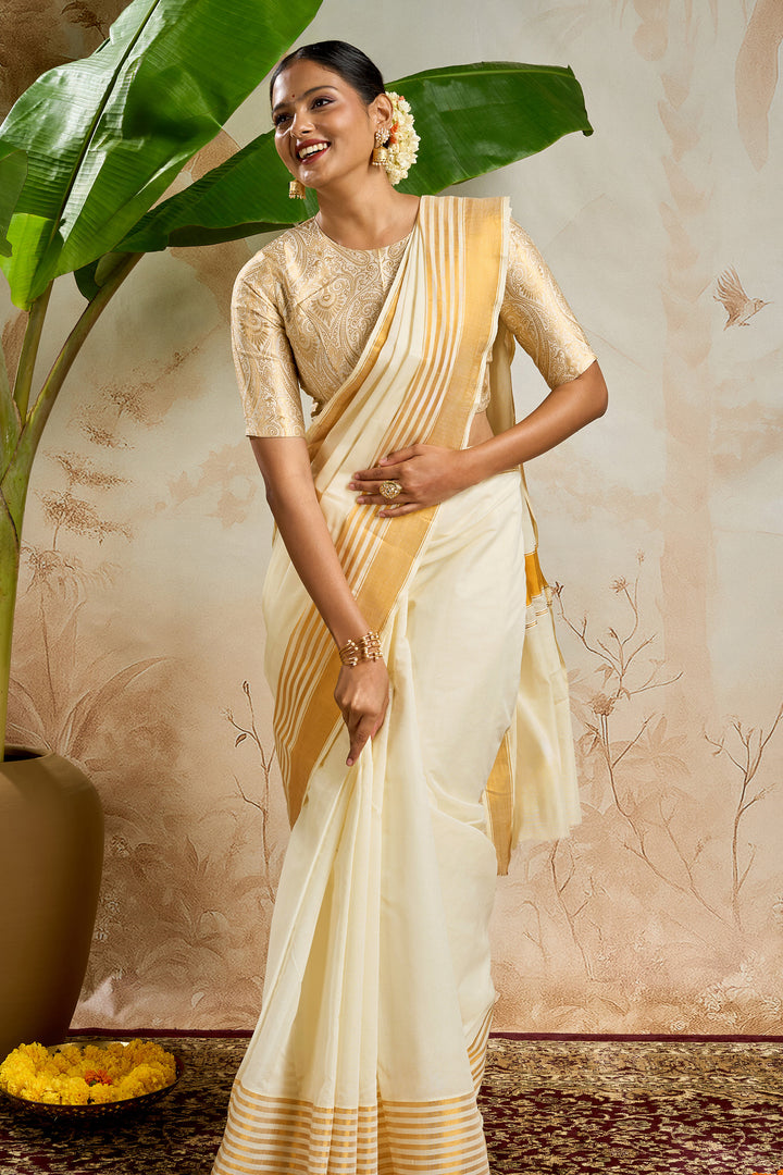 Teejh Varenya Cotton Off white and Golden Kasavu Saree