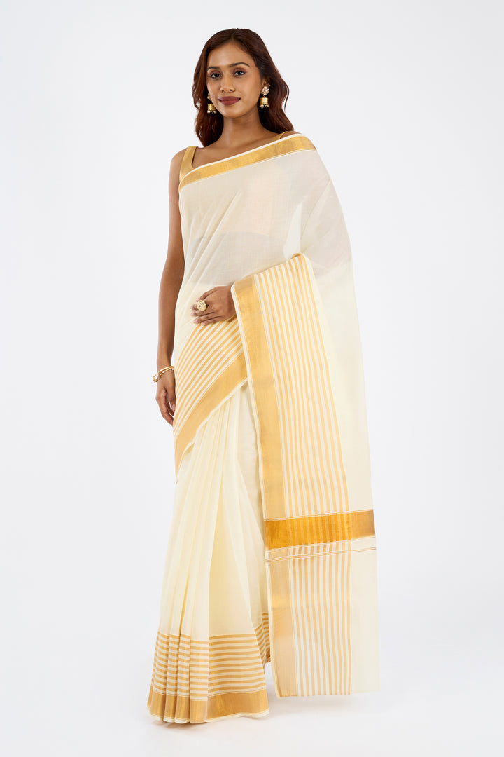 Teejh Varenya Cotton Off white and Golden Kasavu Saree