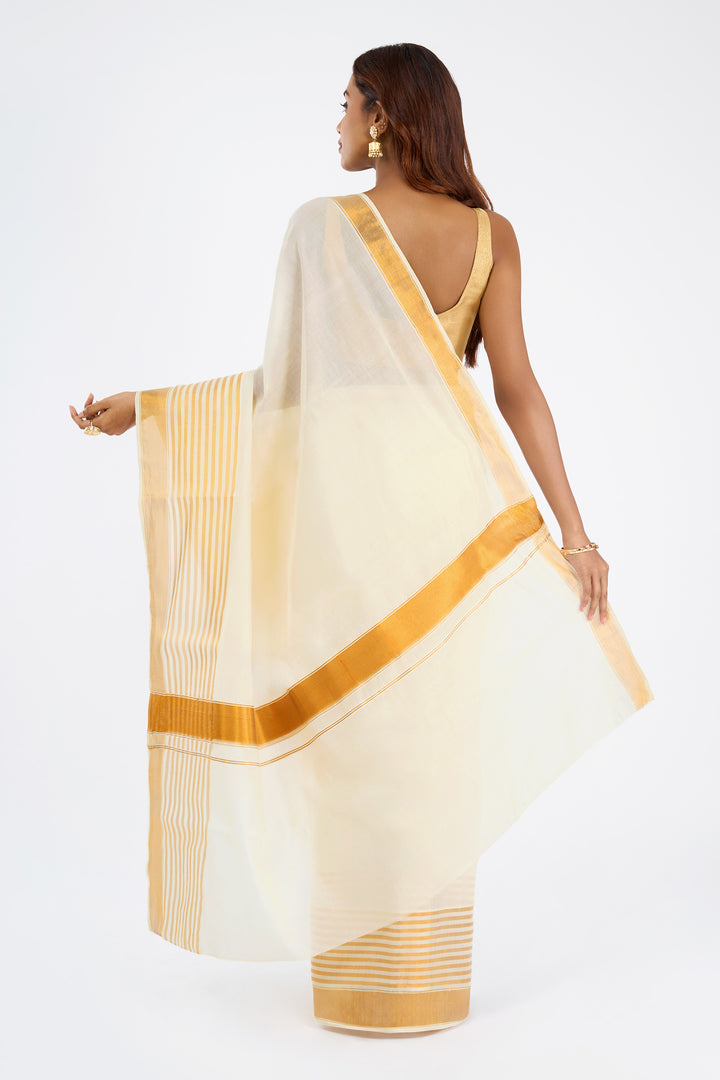 Teejh Varenya Cotton Off white and Golden Kasavu Saree