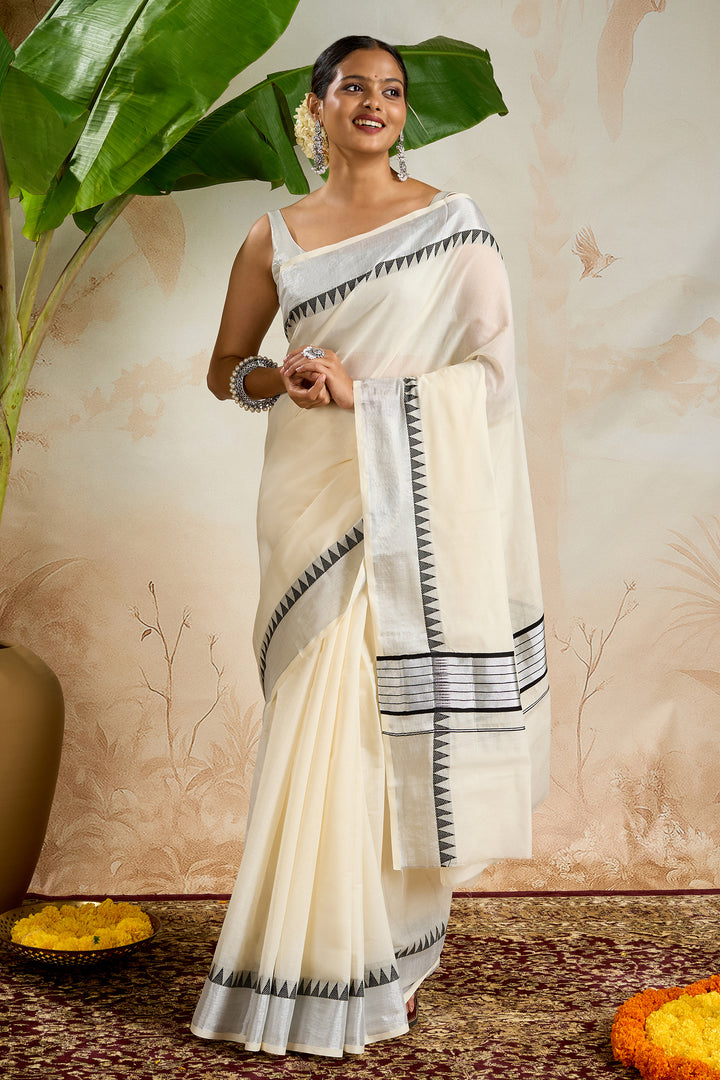Teejh Parinay Cotton Off white and Black Kasavu Saree