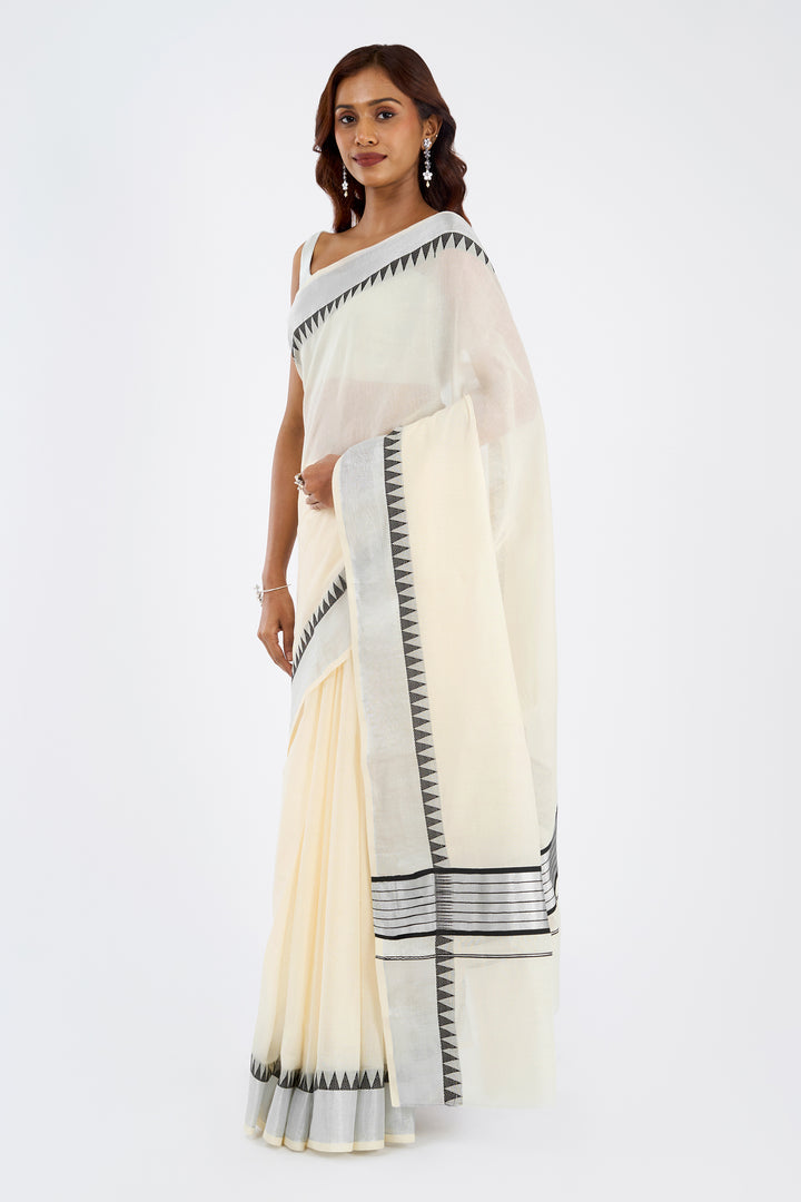 Teejh Parinay Cotton Off white and Black Kasavu Saree