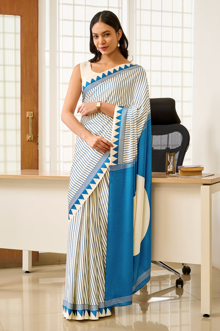 Teejh Kira Cream and Teal Digital Print Modal Silk Saree